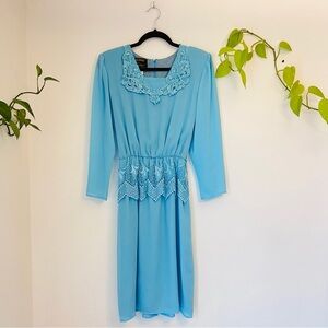 🇨🇦 Vintage Lady Colony Blue Lace Midi Dress | Union Made In Canada | Long Sleeve